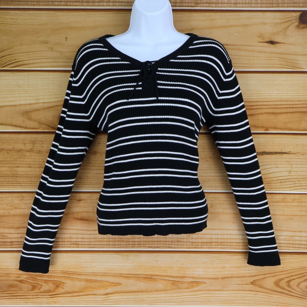 Liz Claiborne Lizsport Sweater Womens Sz S Black Striped 100% Cotton Tie Stretch
